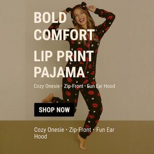 Lip Print Novelty Plush Soft Fleece Hooded Pajamas – Cozy One-Piece Zip-Up S/M